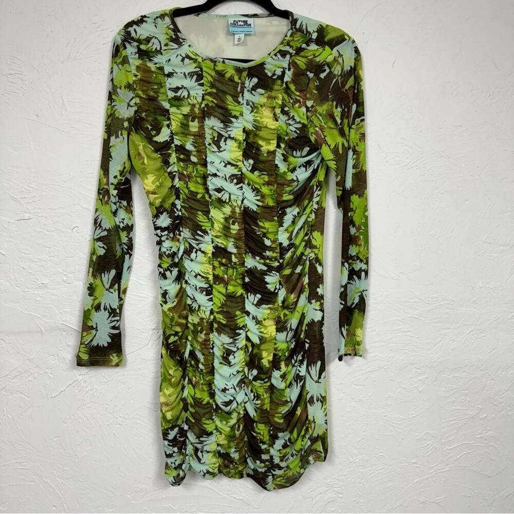 Future Collective Green Floral Mini Dress S Bodycon Ruched Baddie Long Sleeve